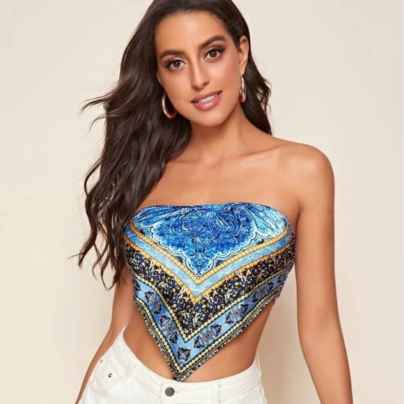 SHEIN Tops - Scarf Print Tie Back Bandana Top